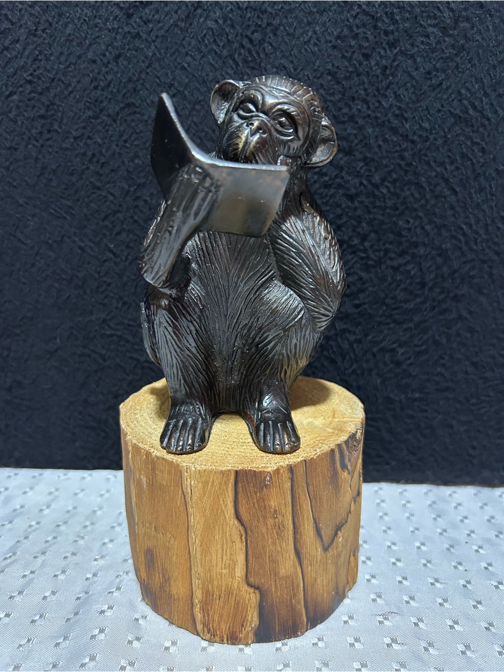 VTG Brass/Bronze Monkey Statue Art Figure Holding Reading A Book 4.75" Patina